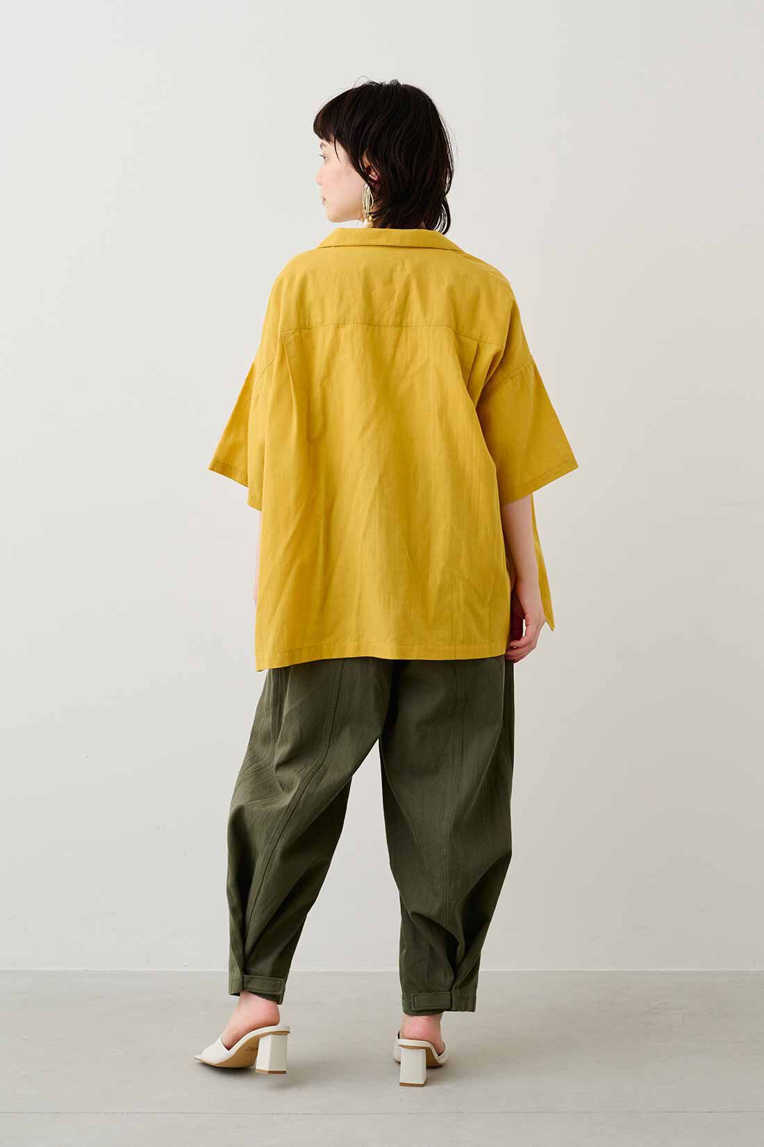 MEDE19F|MEDE19F　麻混のオーバーオープンカラーシャツ〈サニーイエロー〉|モデル身長：157cm　着用サイズ：M