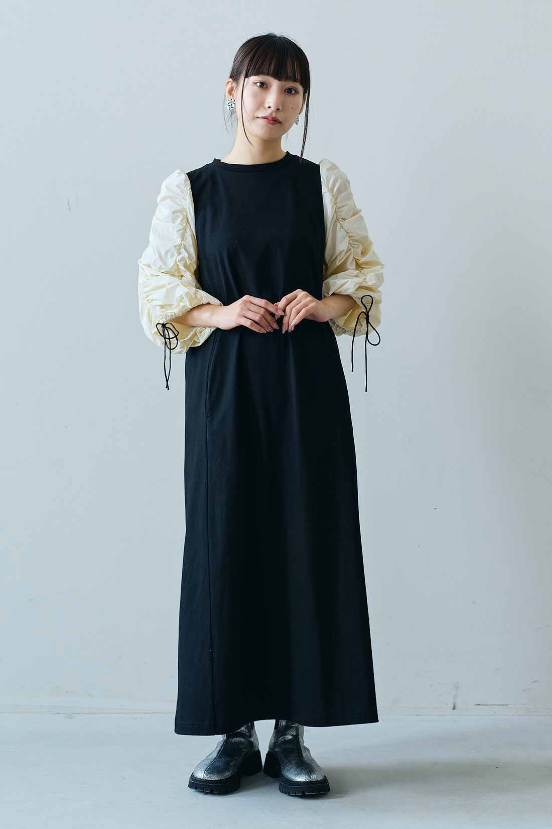 MEDE19F|MEDE19F　異素材スリーブワンピース〈ブラック×ホワイト〉|モデル身長：158cm　着用サイズ：M