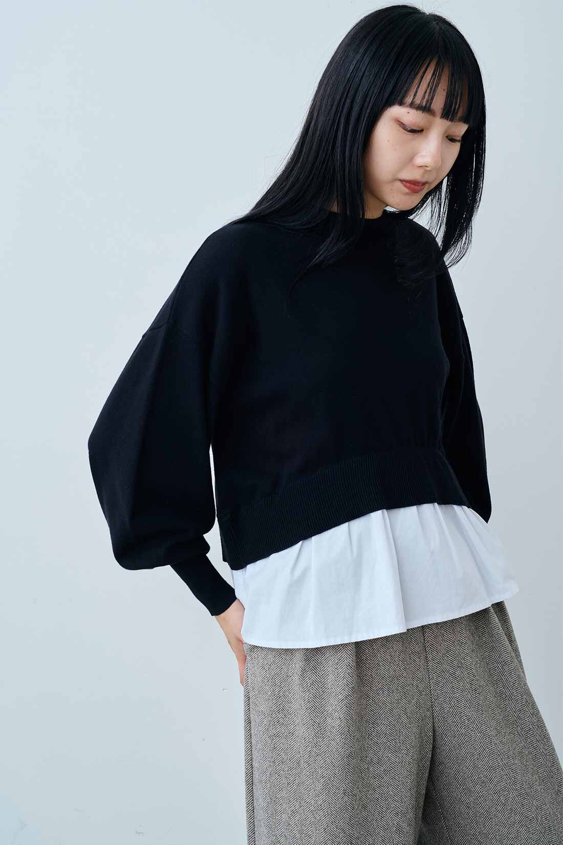 MEDE19F [メデ・ジュウキュウ]|MEDE19F　異素材遣いのレイヤード風コットンニット〈ブラック〉