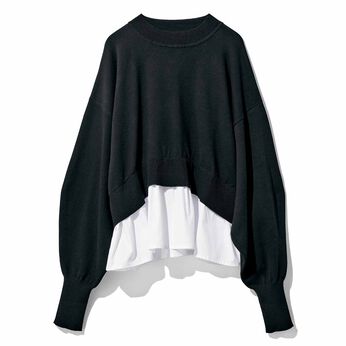 MEDE19F | 異素材遣いのレイヤード風コットンニット〈ブラック〉