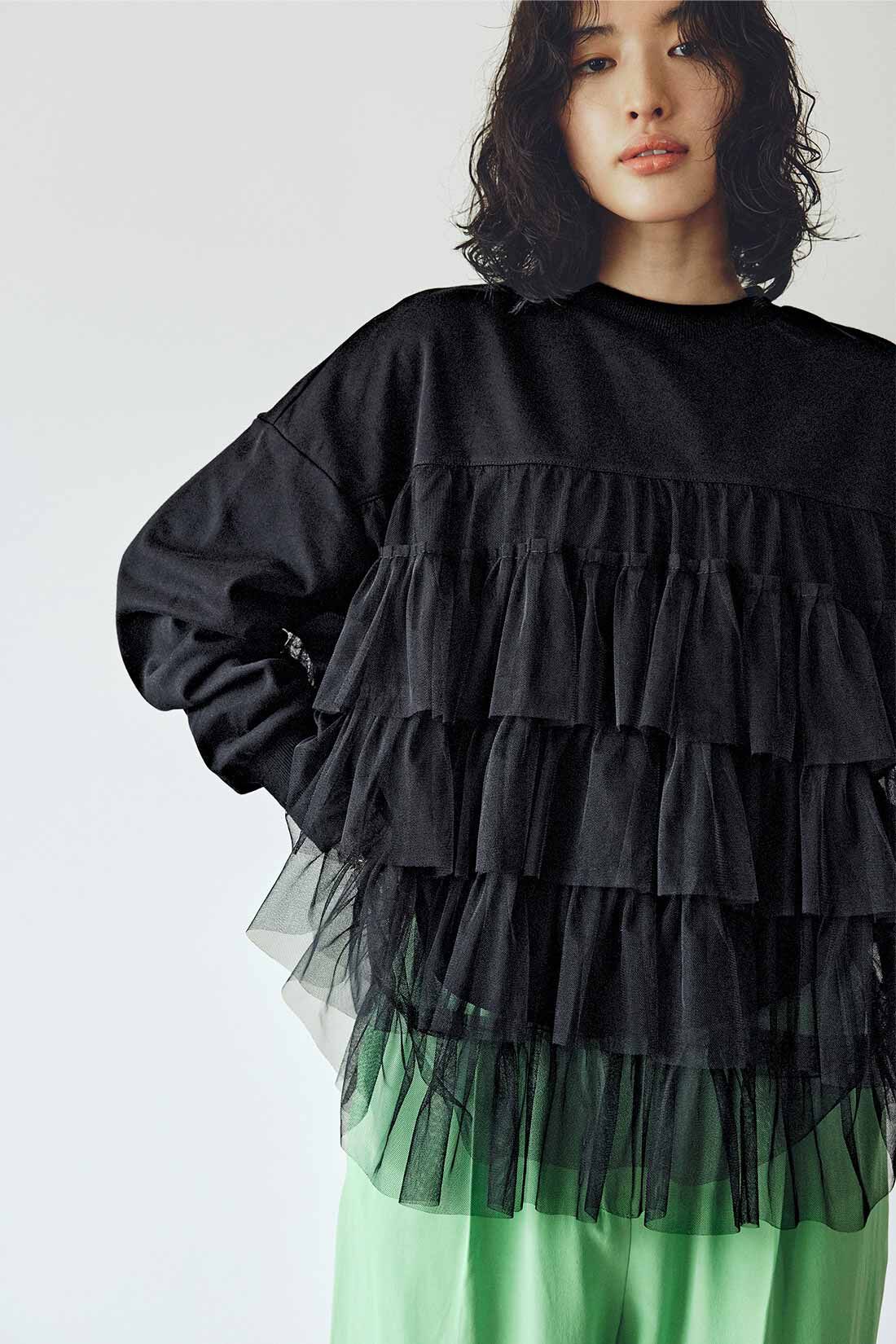 MEDE19F [メデ・ジュウキュウ]|MEDE19F　贅沢なチュールコンビのカットソートップス〈ブラック〉