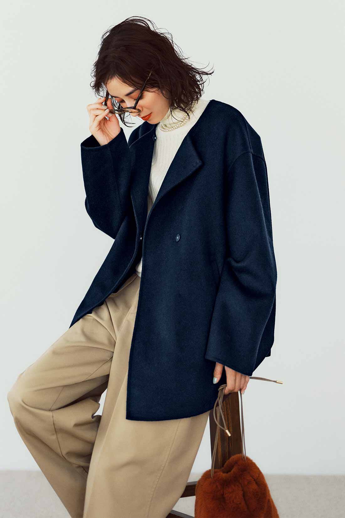 THREE FIFTY STANDARD リバー仕立てのウール混ノーカラーコート〈ネイビー〉｜THREE FIFTY  STANDARD[スリーフィフティースタンダード]｜フェリシモ【公式通販】
