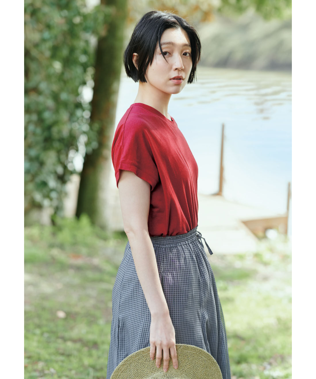 THREE FIFTY STANDARD［スリーフィフティースタンダード］|THREE FIFTY STANDARD　麻混天じくのフレンチスリーブTシャツ〈レッド〉