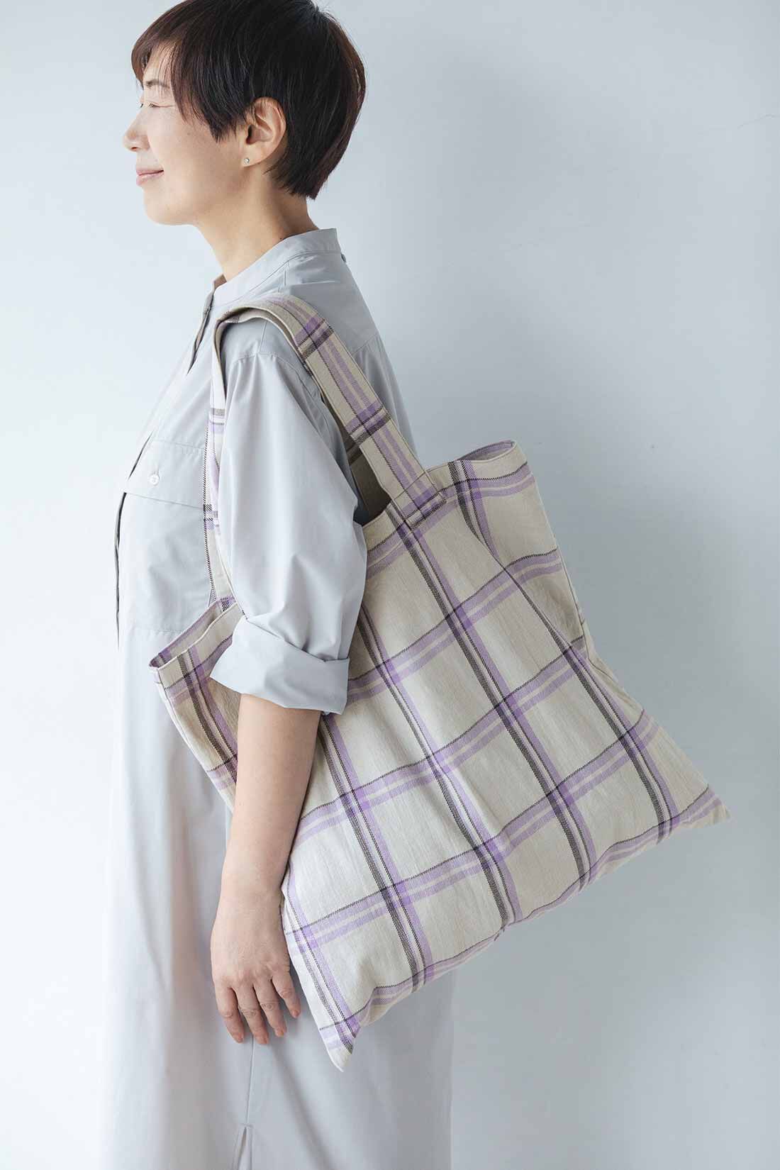 THREE FIFTY STANDARD|THREE FIFTY STANDARD 金子敦子さんと作った パープルチェック柄の大きな布バッグ