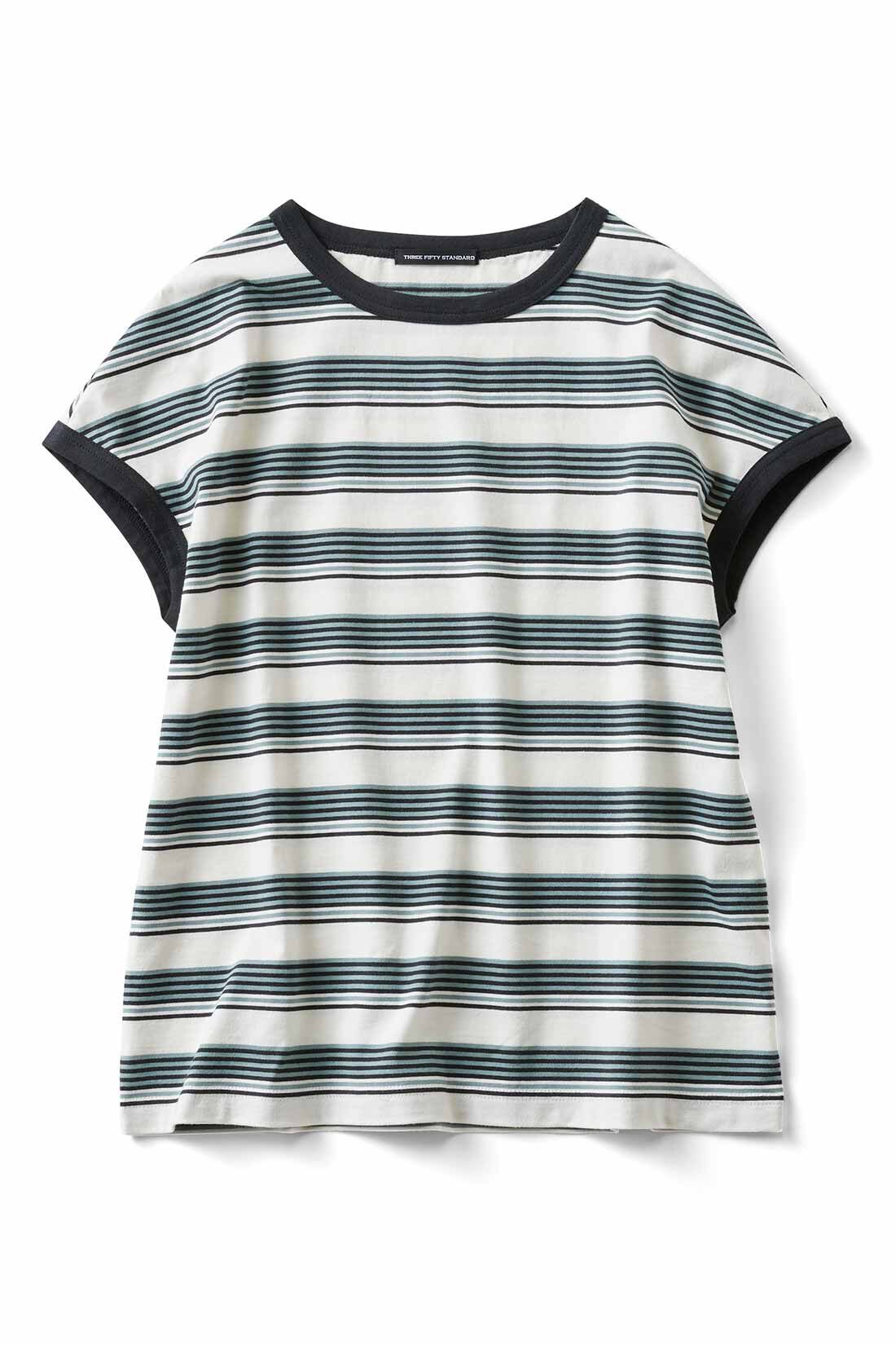 THREE FIFTY STANDARD［スリーフィフティースタンダード］|THREE FIFTY STANDARD シックなマルチボーダーのフレンチスリーブTシャツ〈グリーン〉|グリーン