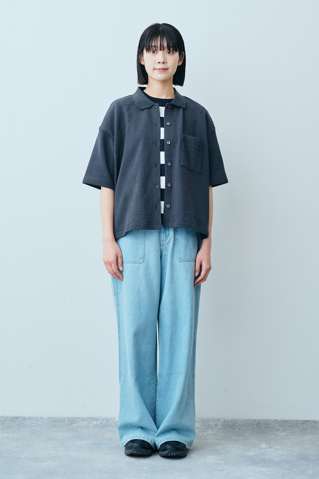 THREE FIFTY STANDARD［スリーフィフティースタンダード］|すっきりシルエット ボーダーＴシャツのコーディネート|モデル身長：163cm 着用サイズ：M