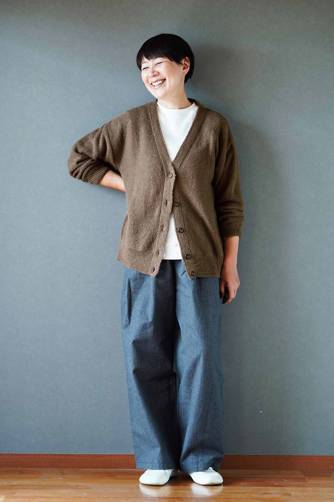 THREE FIFTY STANDARD|金子さんカーディガン〈ブラウン〉ＴＦＳとフライス編みのラグランＴシャツＴＦＳのコーディネート