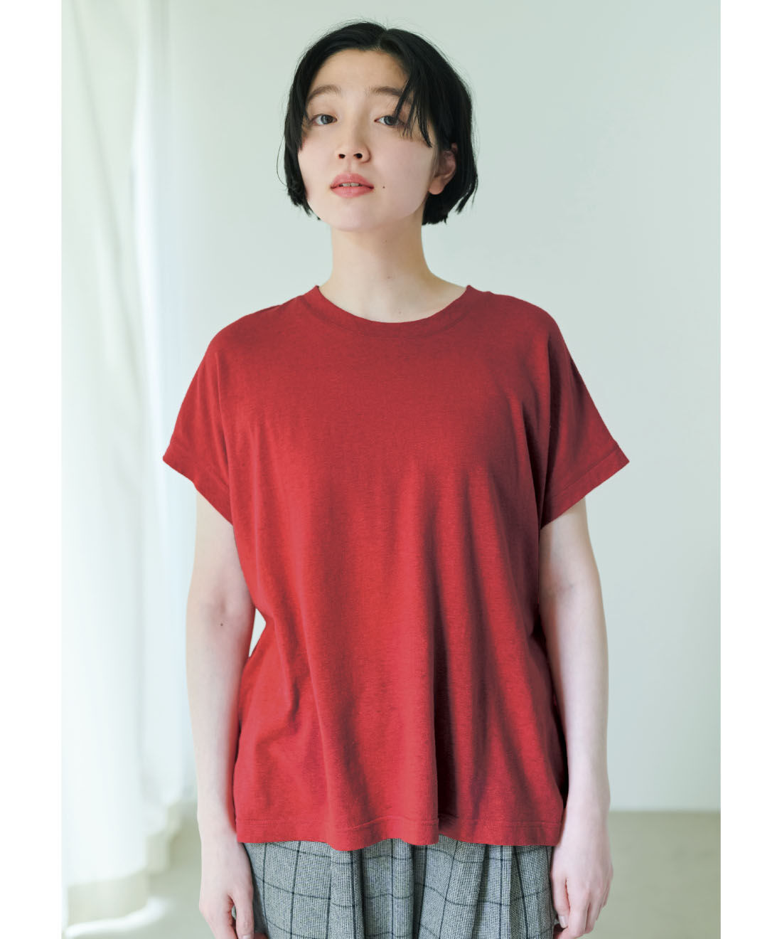 THREE FIFTY STANDARD［スリーフィフティースタンダード］|THREE FIFTY STANDARD　麻混天じくのフレンチスリーブTシャツ〈レッド〉