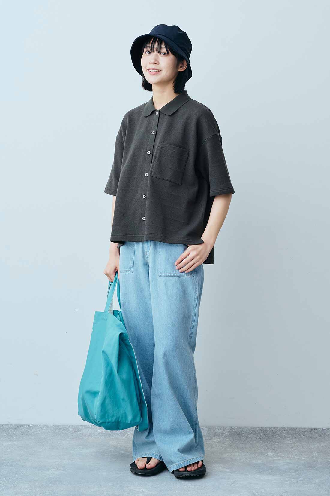 THREE FIFTY STANDARD［スリーフィフティースタンダード］|THREE FIFTY STANDARD 鬼カノコのカットソーシャツ〈チャコールグレー〉|モデル身長：163cm　着用サイズ：M