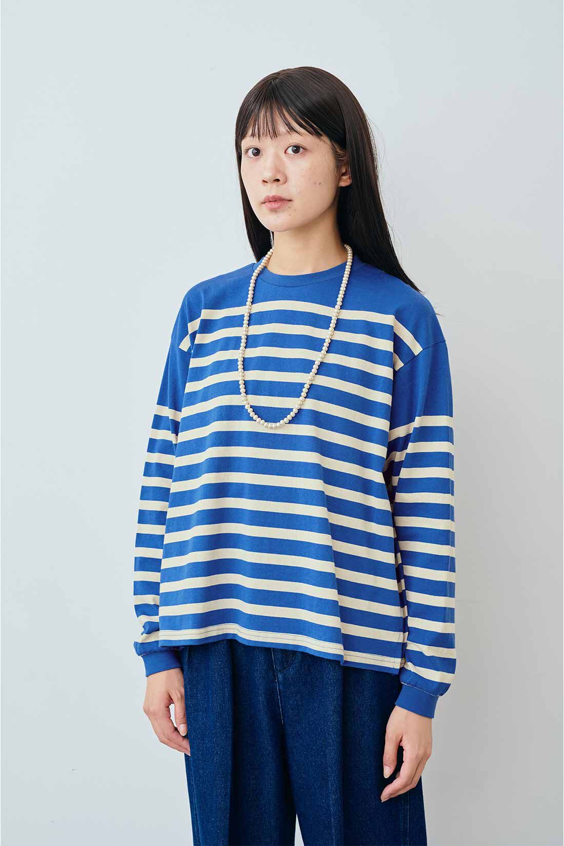 THREE FIFTY STANDARD［スリーフィフティースタンダード］|THREE FIFTY STANDARD クルーネックのパネルボーダーTシャツの会|モデル身長：163cm　着用サイズ：M
