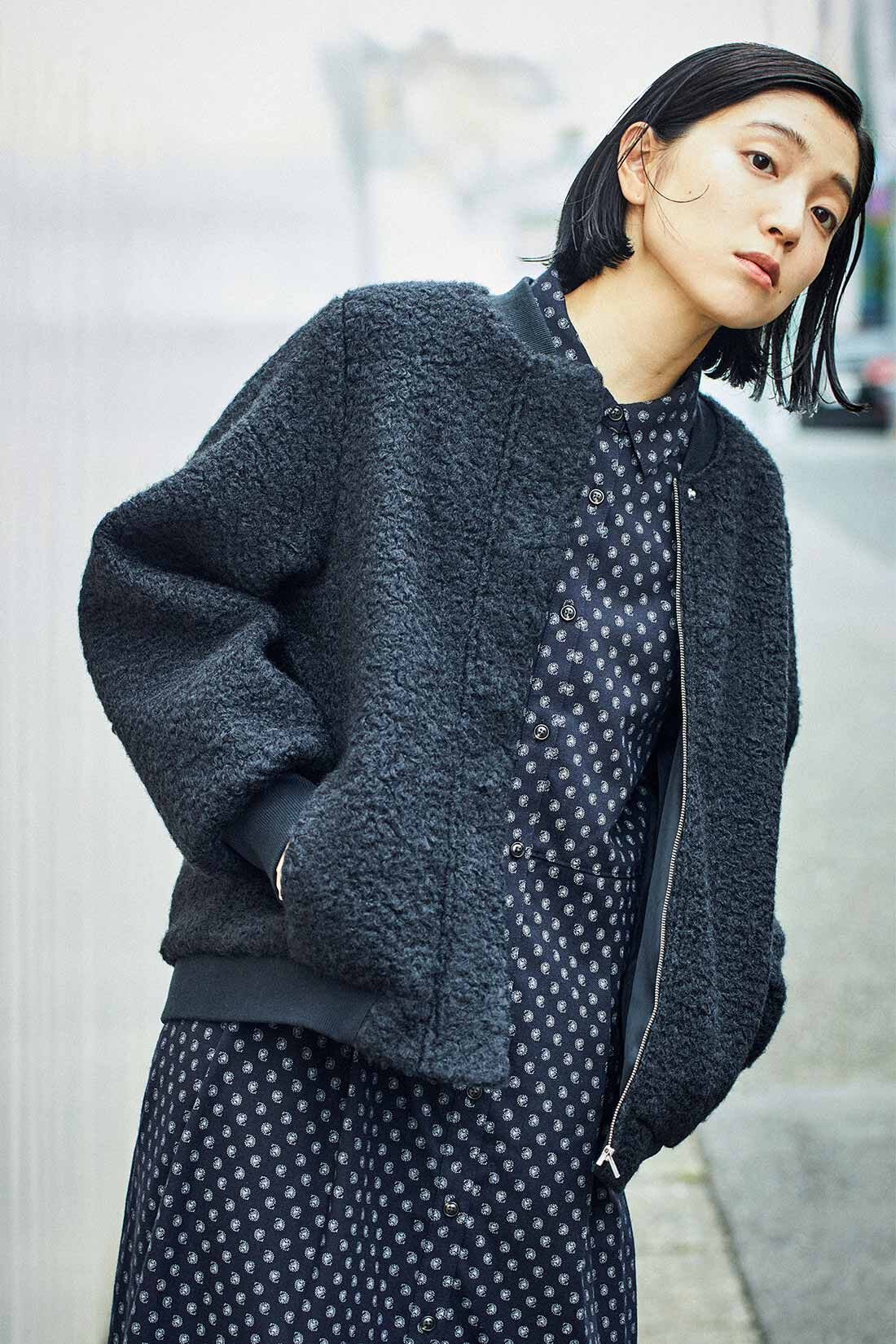 THREE FIFTY STANDARD［スリーフィフティースタンダード］|THREE FIFTY STANDARD 比翼のボアジップアップブルゾン〈ブラック〉