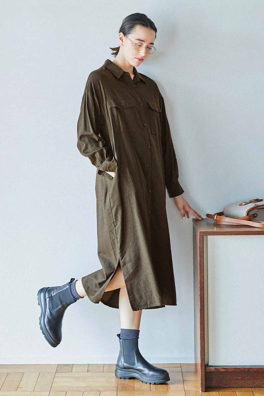 THREE FIFTY STANDARD［スリーフィフティースタンダード］|THREE FIFTY STANDARD ミニチェックのシャツワンピース〈カーキ〉