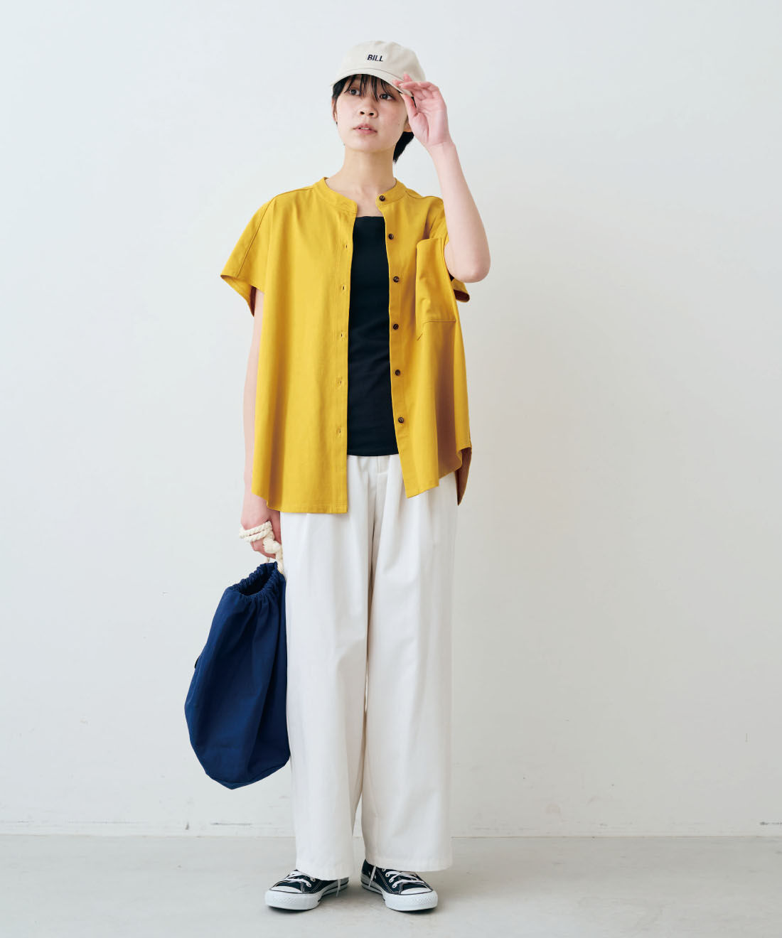 THREE FIFTY STANDARD|THREE FIFTY STANDARD　金子敦子さんと作った 接触冷感・吸汗速乾機能がついた カットソーシャツ〈マスタード〉|モデル身長：163cm　着用サイズ：M