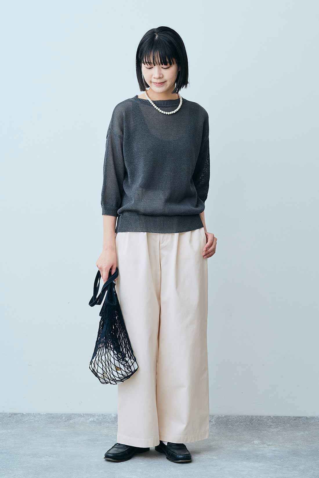 THREE FIFTY STANDARD［スリーフィフティースタンダード］|THREE FIFTY STANDARD タックチノワイドパンツ〈アイボリー〉|モデル身長：163cm　着用サイズ：M