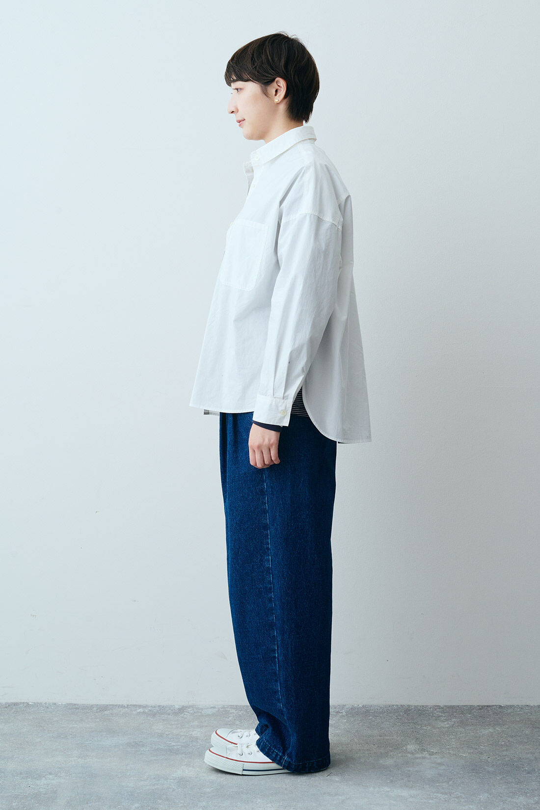 THREE FIFTY STANDARD|ワイドな白シャツＴＦＳとポンチボーダーＴシャツ　ＴＦＳのコーディネート