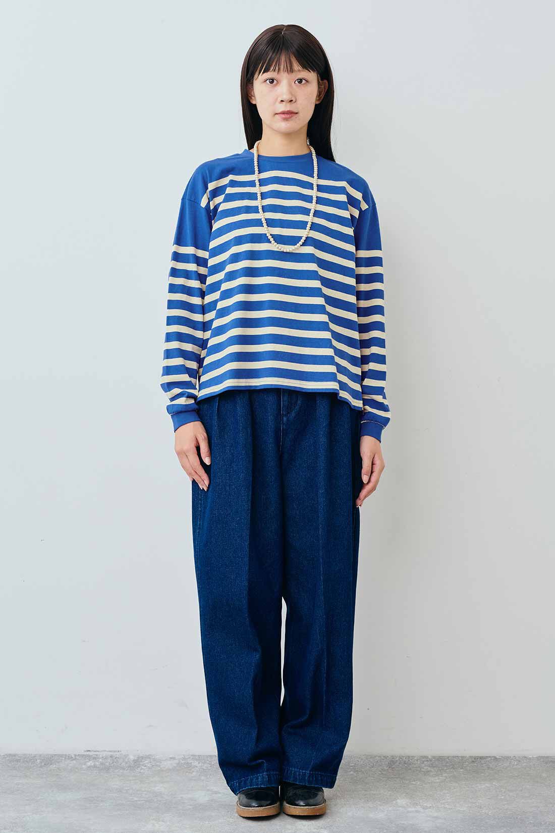 THREE FIFTY STANDARD［スリーフィフティースタンダード］|THREE FIFTY STANDARD クルーネックのパネルボーダーTシャツの会|モデル身長：163cm　着用サイズ：M