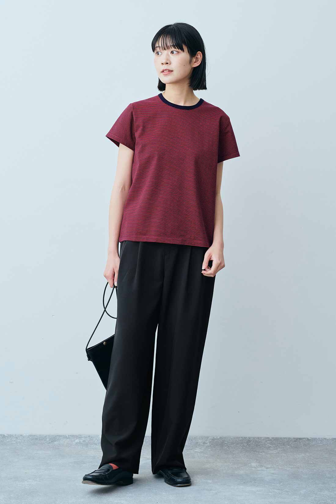 THREE FIFTY STANDARD［スリーフィフティースタンダード］|すっきりシルエット ボーダーＴシャツのコーディネート|モデル身長：163cm 着用サイズ：M