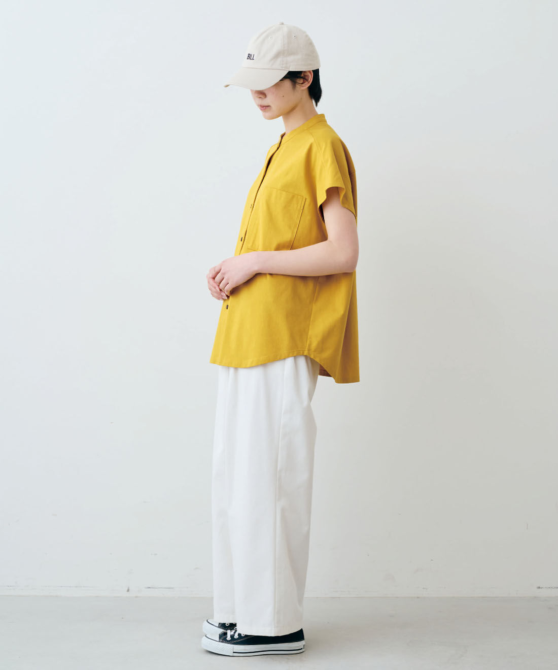 THREE FIFTY STANDARD|THREE FIFTY STANDARD　金子敦子さんと作った 接触冷感・吸汗速乾機能がついた カットソーシャツ〈マスタード〉|モデル身長：163cm　着用サイズ：M