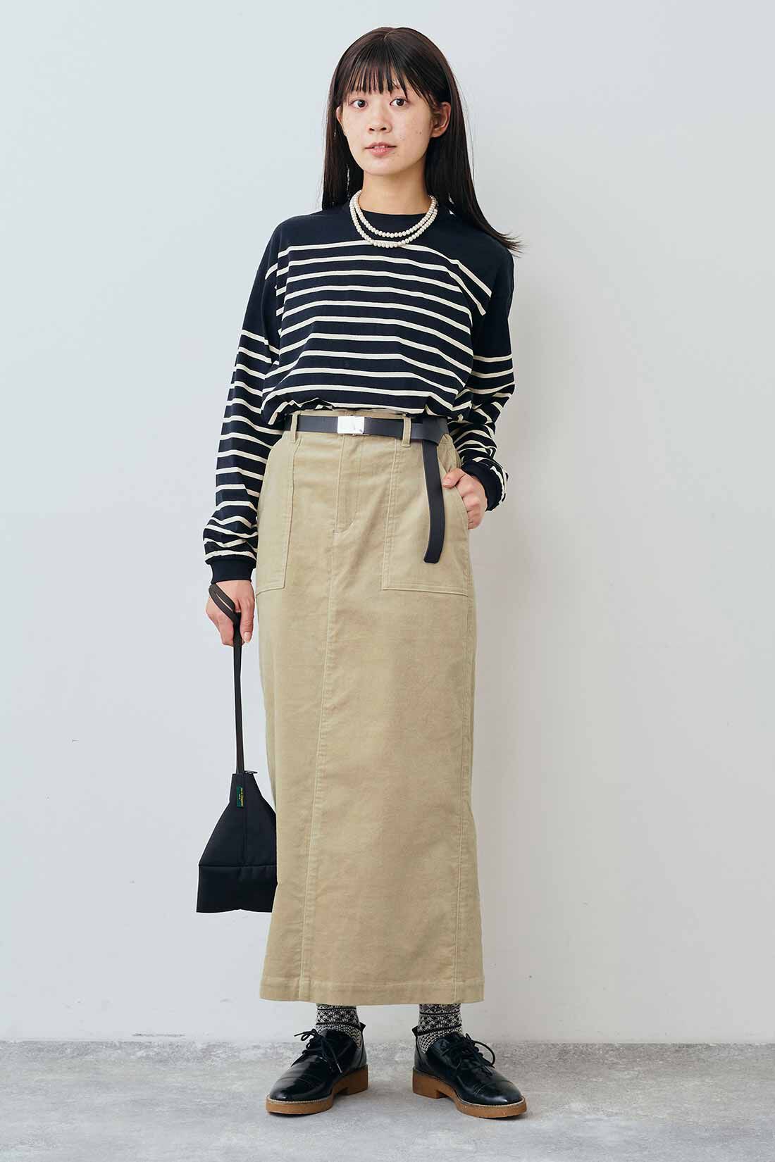 THREE FIFTY STANDARD［スリーフィフティースタンダード］|THREE FIFTY STANDARD クルーネックのパネルボーダーTシャツの会|モデル身長：163cm　着用サイズ：M