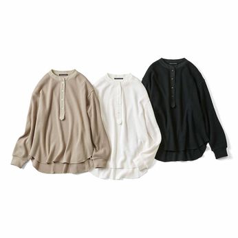 THREE FIFTY STANDARD | ＴＦＳ布はくと切り替えたヘンリーネックＴベージュ
