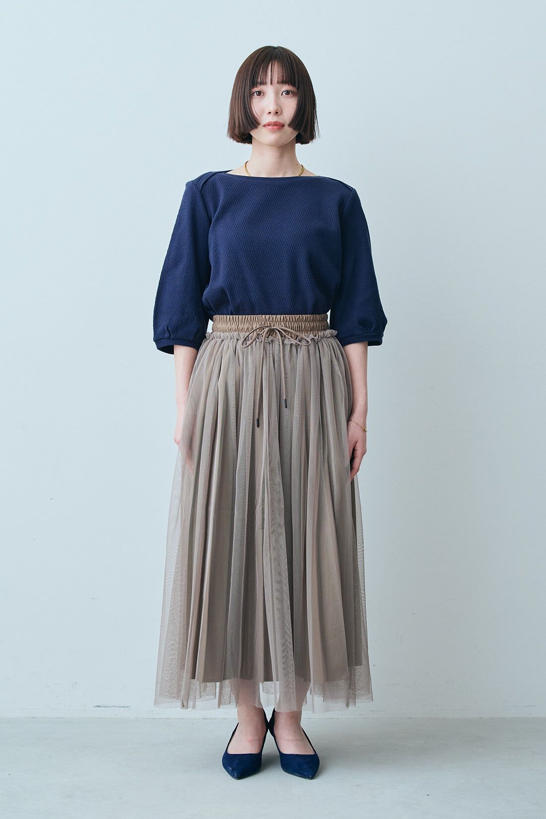 フェリシモファッションニュース|Live love cotton R ハニカム カットソー トップス〈紺〉のコーディネート|【着用サイズ】トップス：S　スカート：SP