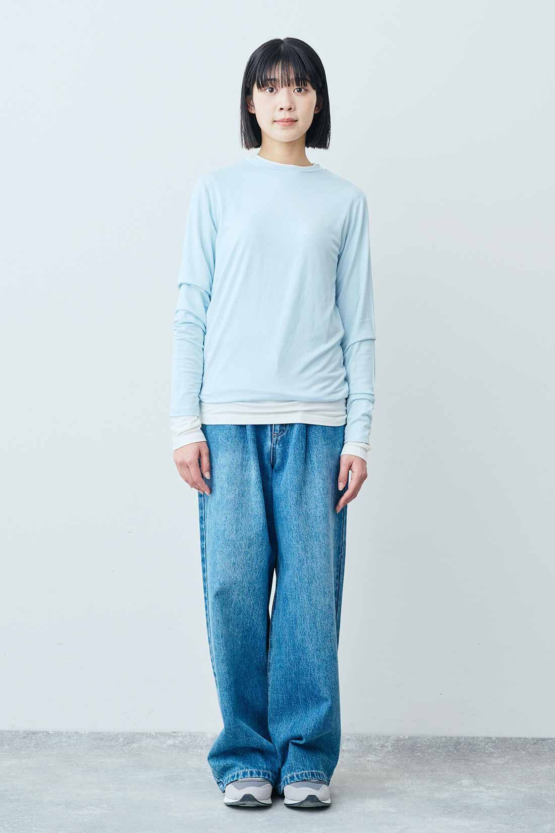 THREE FIFTY STANDARD［スリーフィフティースタンダード］|THREE FIFTY STANDARD シアーなクルーネックのロングスリーブTシャツの会|モデル身長：163cm 着用サイズ：M