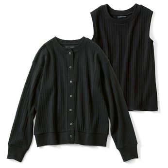 針抜きテレコのカットソーアンサンブル〈ブラック〉