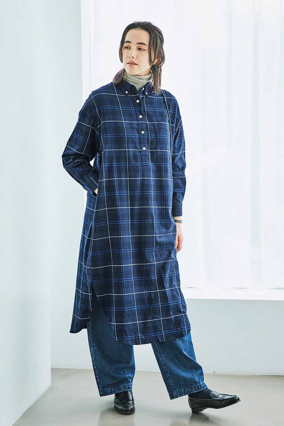 THREE FIFTY STANDARD［スリーフィフティースタンダード］|THREE FIFTY STANDARD ボタンダウンのプルオーバーチェックワンピース〈ネイビー〉
