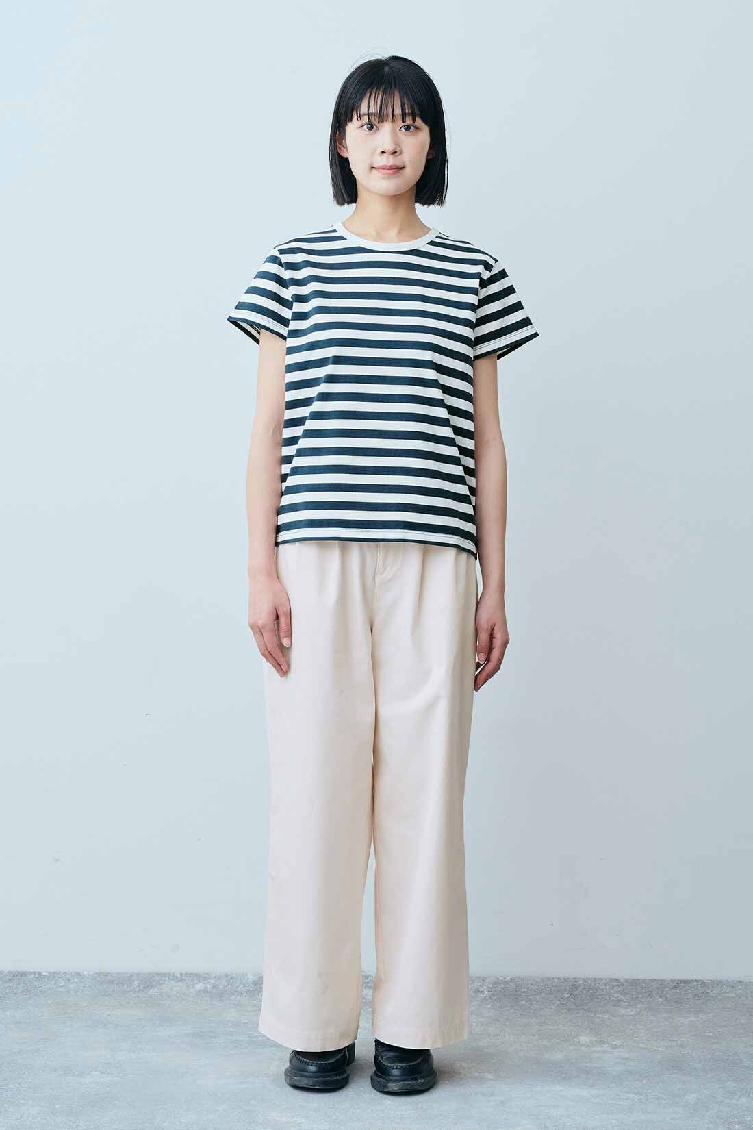 THREE FIFTY STANDARD|すっきりシルエット ボーダーＴシャツのコーディネート|モデル身長：163cm 着用サイズ：M