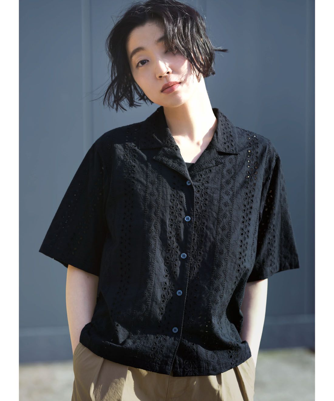 THREE FIFTY STANDARD［スリーフィフティースタンダード］|THREE FIFTY STANDARD　コットンレースの開衿シャツ〈ブラック〉
