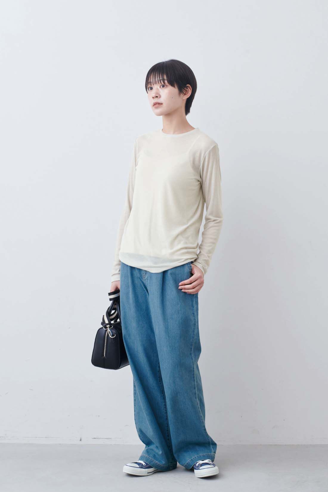 THREE FIFTY STANDARD［スリーフィフティースタンダード］|THREE FIFTY STANDARD　シアーなカットソートップスの会|モデル身長：163cm　着用サイズ：M