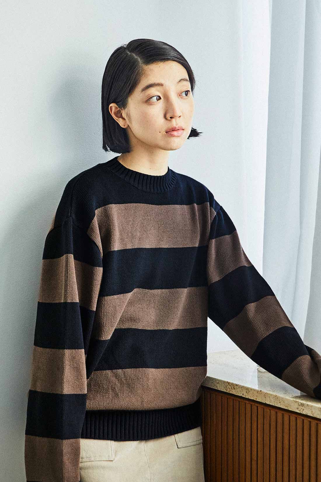 THREE FIFTY STANDARD［スリーフィフティースタンダード］|THREE FIFTY STANDARD 綿混素材の太ボーダーニットセーター〈ブラウン×ブラック〉