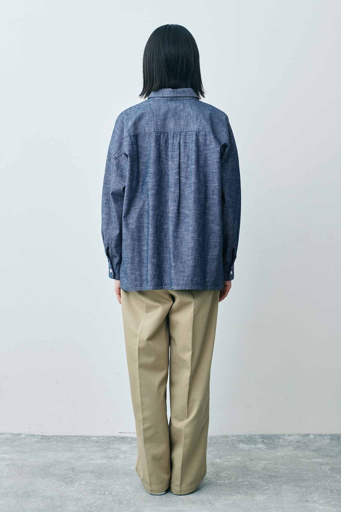 THREE FIFTY STANDARD インディゴブルーのフリルシャツ｜THREE