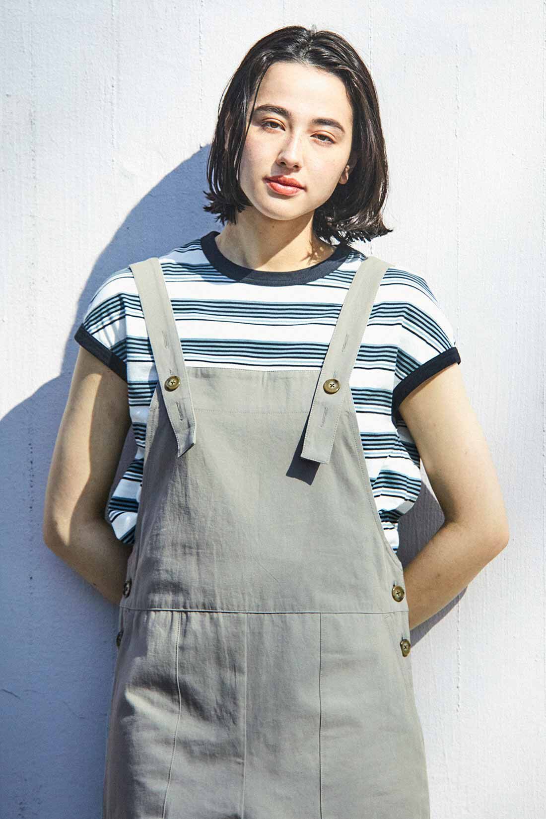 THREE FIFTY STANDARD［スリーフィフティースタンダード］|THREE FIFTY STANDARD シックなマルチボーダーのフレンチスリーブTシャツ〈グリーン〉