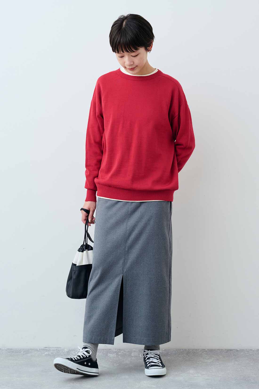 THREE FIFTY STANDARD|THREE FIFTY STANDARD　フライス編みのストレッチラグランスリーブTシャツの会|モデル身長：163cm　着用サイズ：M