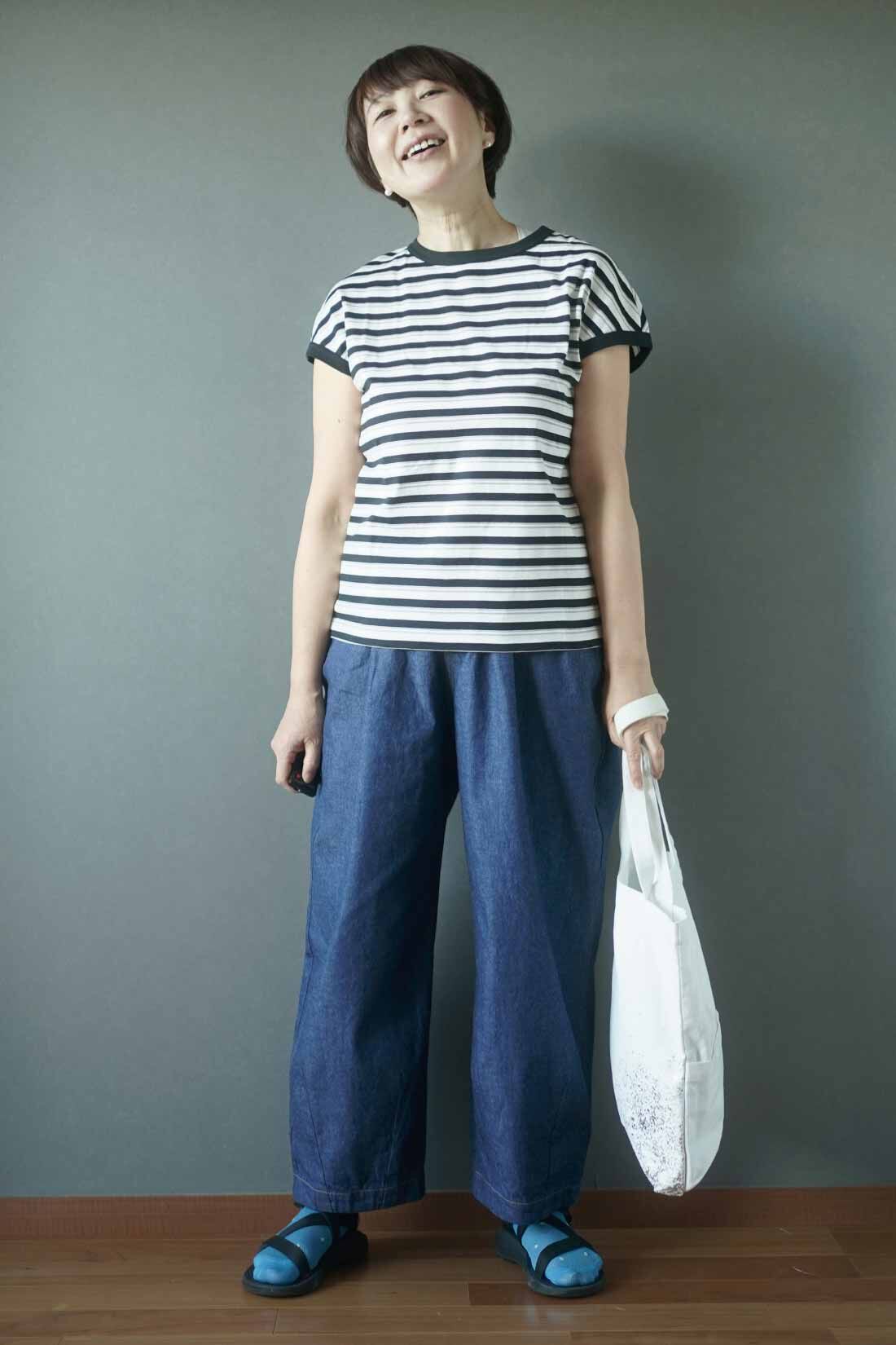 THREE FIFTY STANDARD［スリーフィフティースタンダード］|マルチボーダーのフレンチスリーブＴシャツ　ＴＦＳのコーディネート