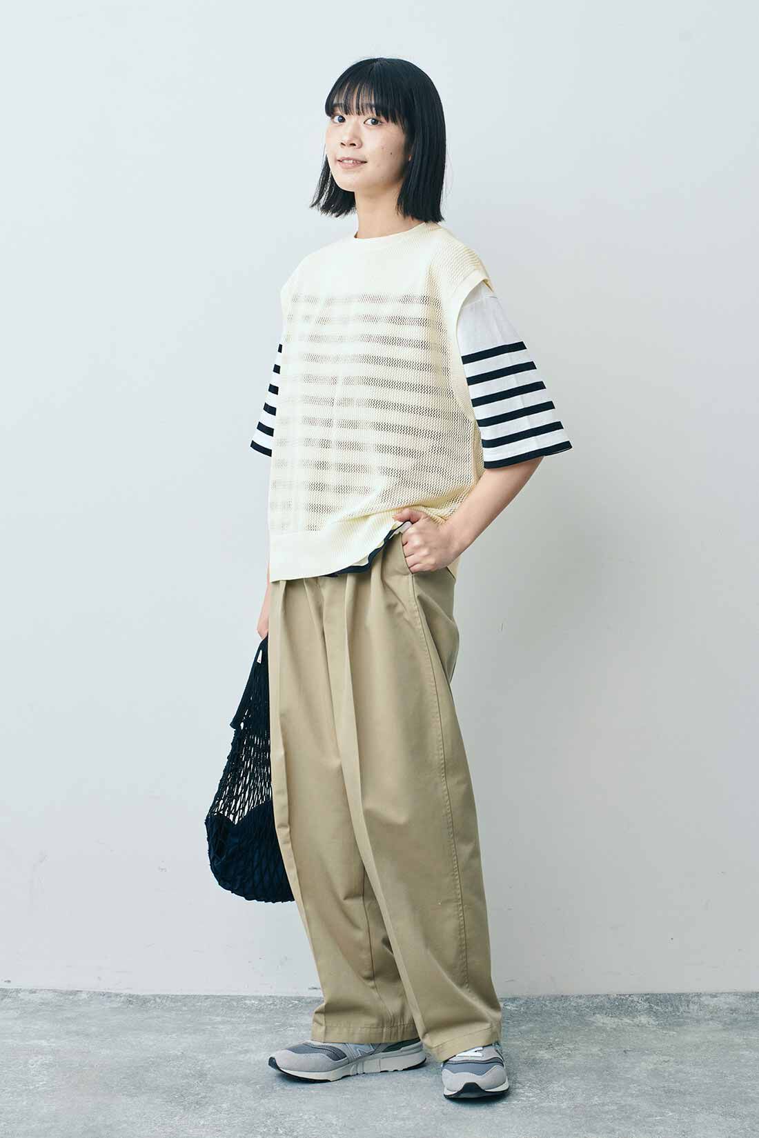 THREE FIFTY STANDARD［スリーフィフティースタンダード］|THREE FIFTY STANDARD パネルボーダーTシャツの会|モデル身長：163cm 着用サイズ：M