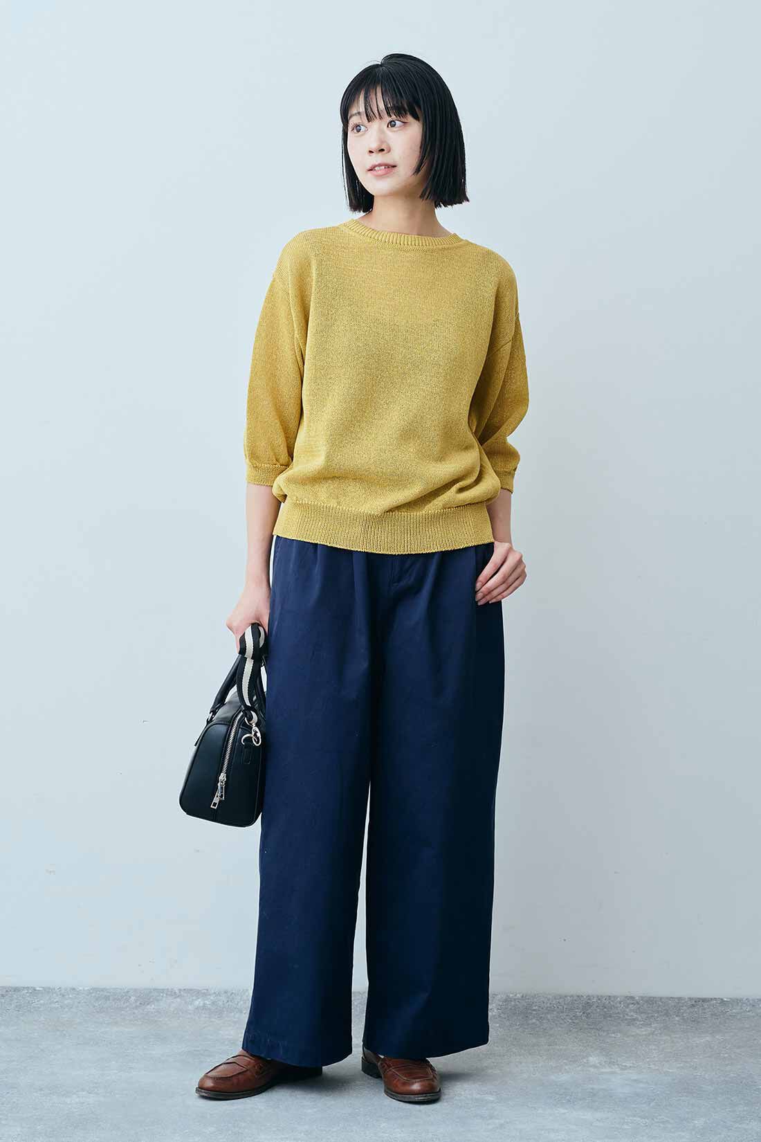 THREE FIFTY STANDARD［スリーフィフティースタンダード］|THREE FIFTY STANDARD タックチノワイドパンツ〈ネイビー〉|モデル身長：163cm　着用サイズ：M
