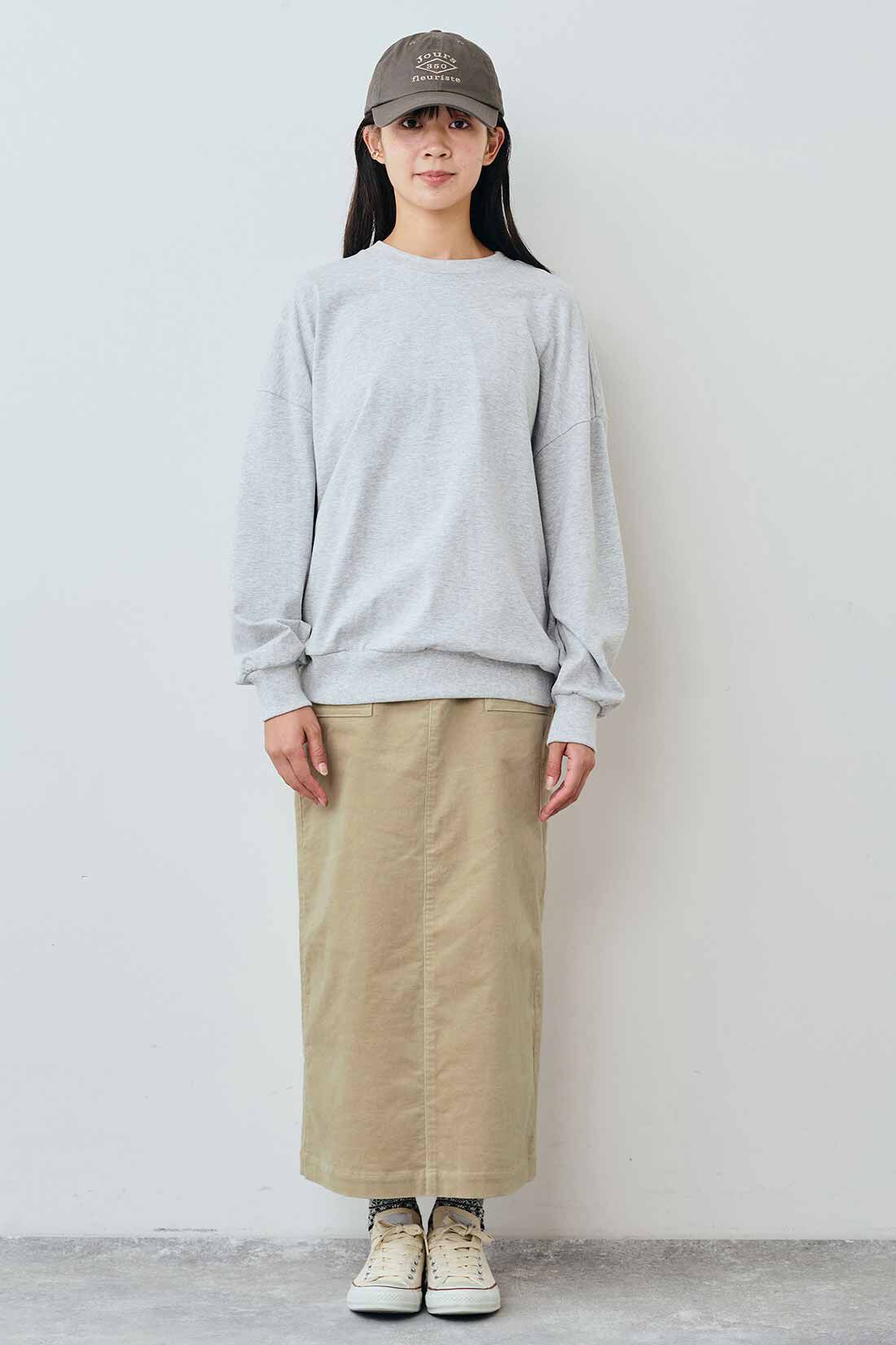 THREE FIFTY STANDARD［スリーフィフティースタンダード］|THREE FIFTY STANDARD トレーナーみたいなTシャツ〈杢グレー〉|モデル身長：163cm　着用サイズ：M