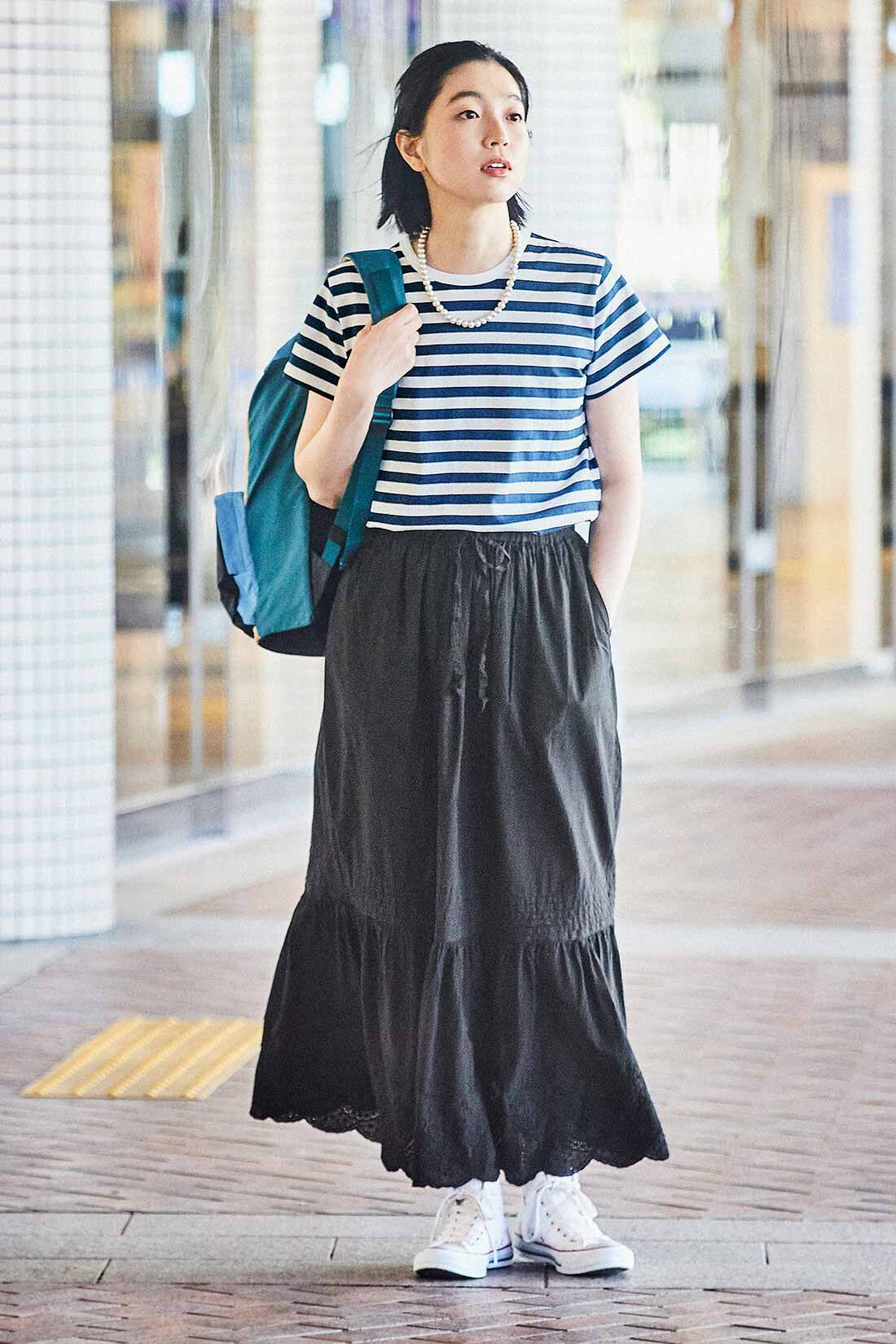 THREE FIFTY STANDARD|すっきりシルエット ボーダーＴシャツとコットンレース スカート〈ブラック〉のコーディネート