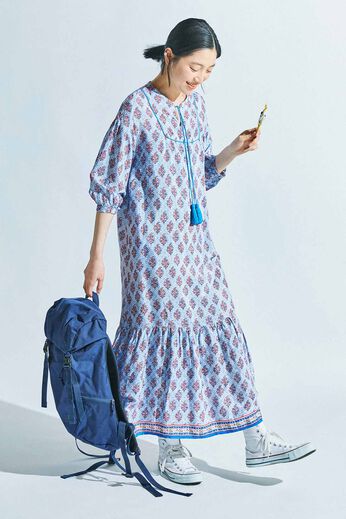 THREE FIFTY STANDARD［スリーフィフティースタンダード］ | インド 総柄 ロングワンピース〈ブルー〉