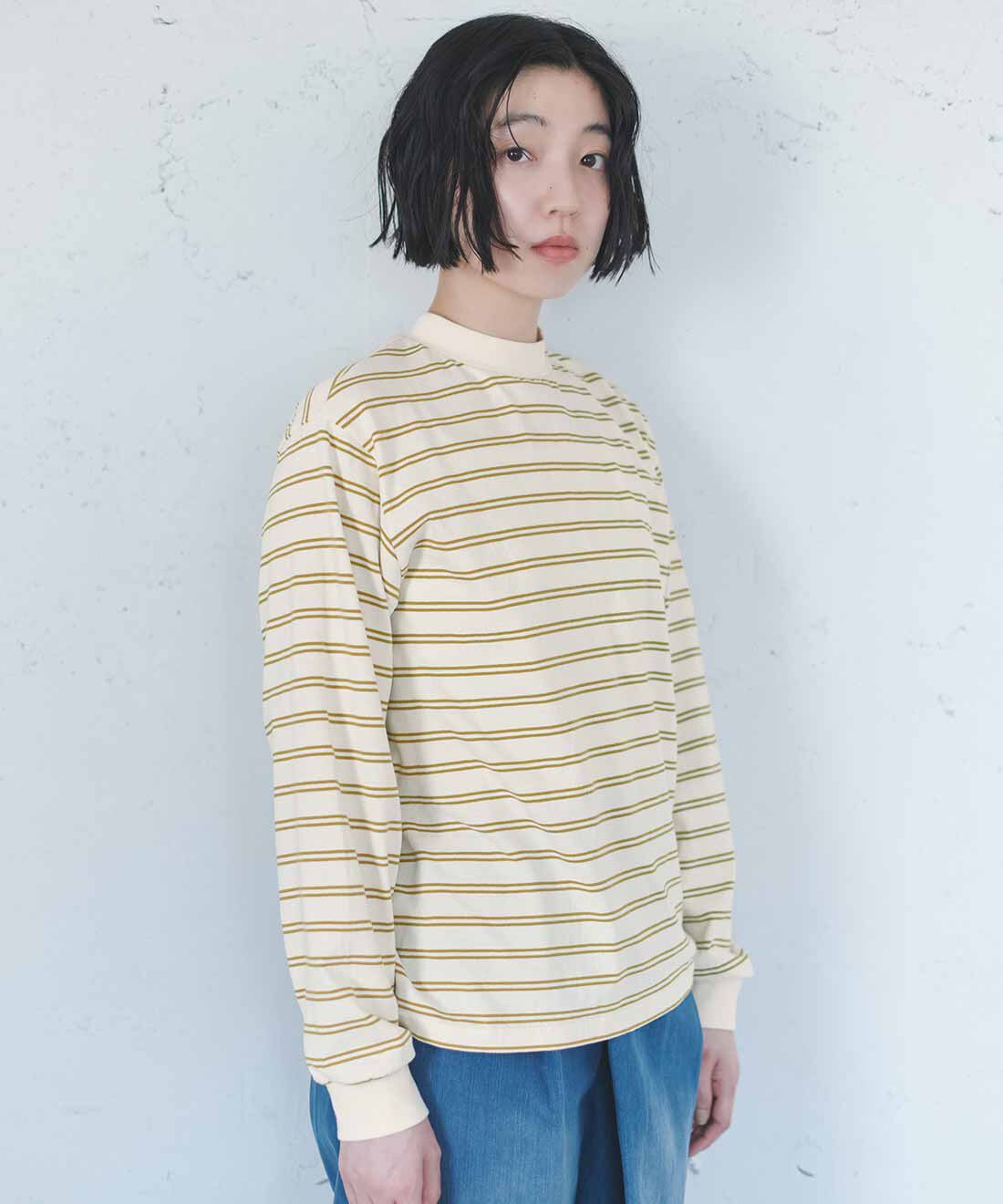 THREE FIFTY STANDARD［スリーフィフティースタンダード］|レトロなボーダーＴシャツ　ＴＦＳとラップデニムワイドパンツＴＦＳのコーディネート