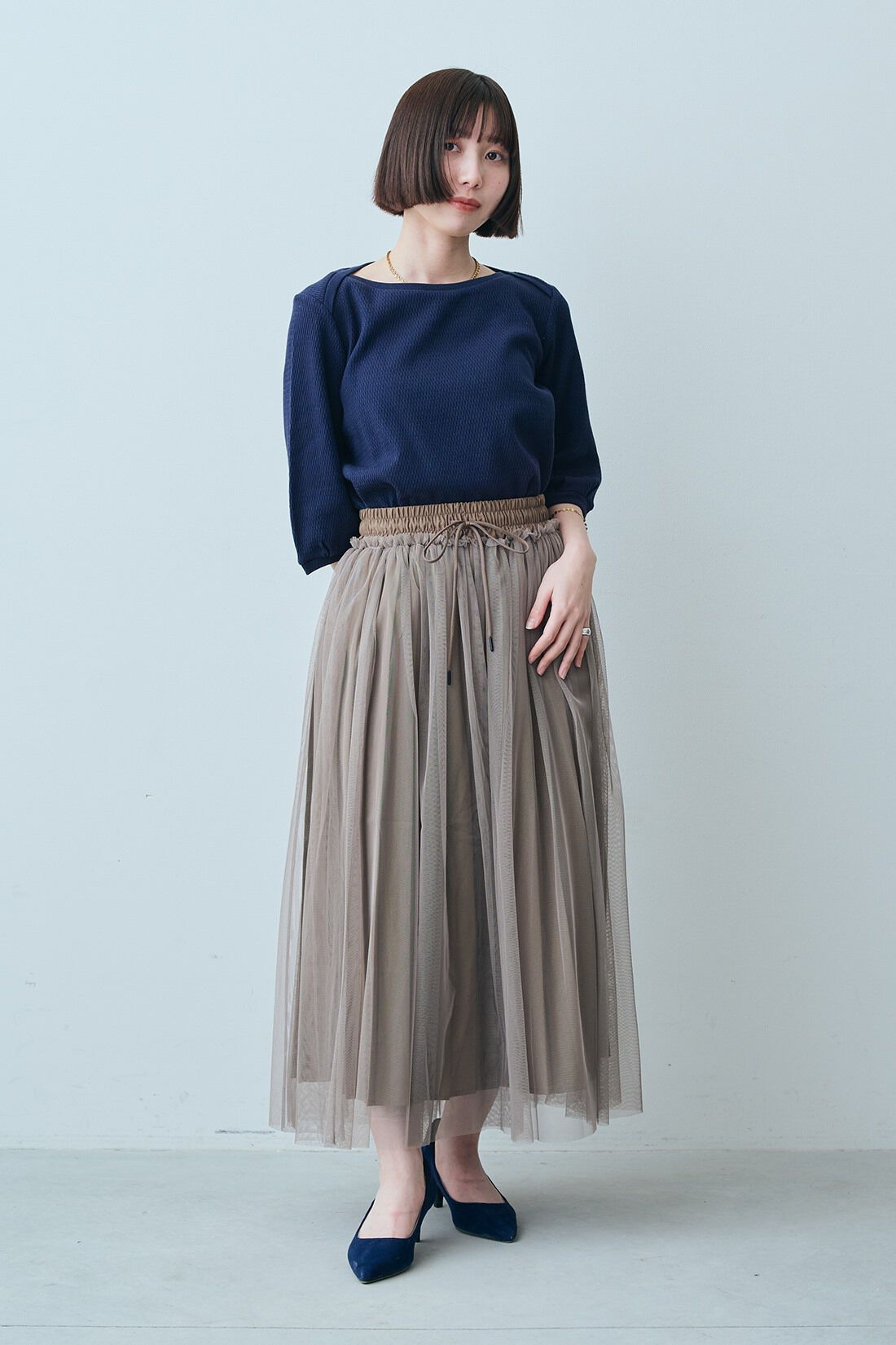 フェリシモファッションニュース|Live love cotton R ハニカム カットソー トップス〈紺〉のコーディネート|【着用サイズ】トップス：S　スカート：SP