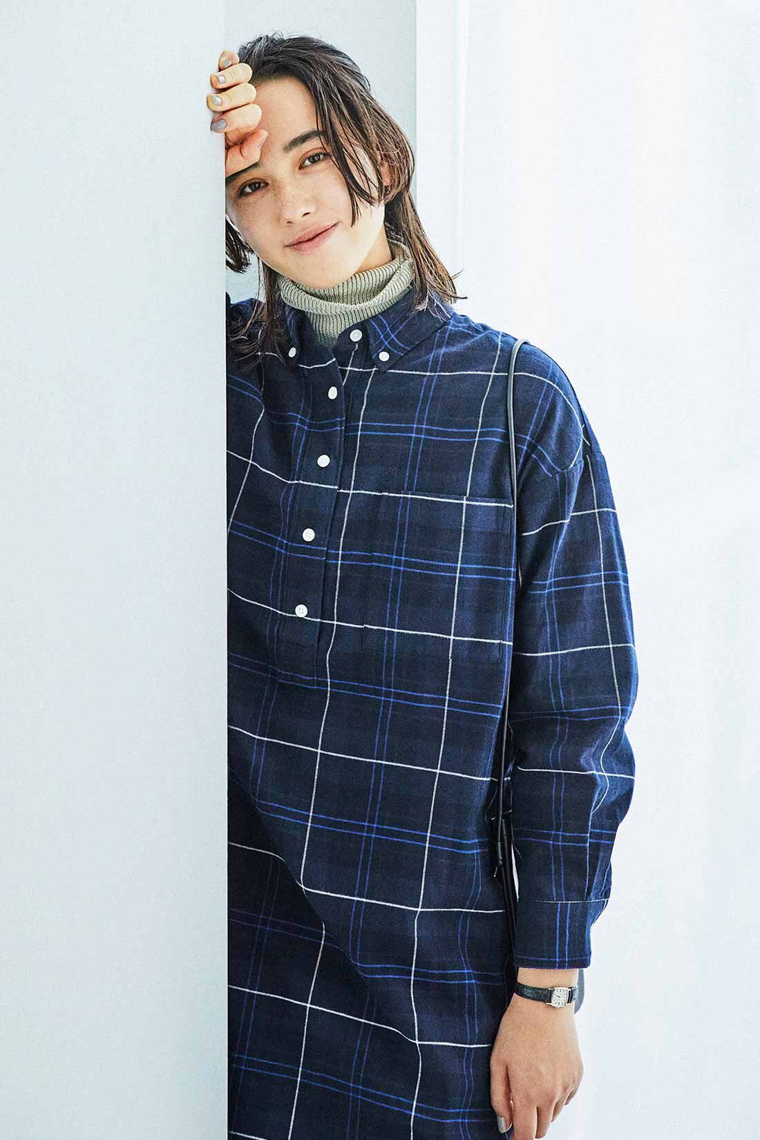 THREE FIFTY STANDARD［スリーフィフティースタンダード］|THREE FIFTY STANDARD ボタンダウンのプルオーバーチェックワンピース〈ネイビー〉