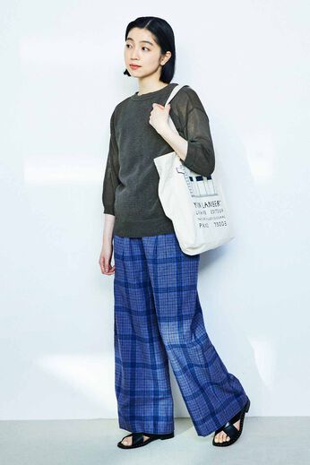 THREE FIFTY STANDARD［スリーフィフティースタンダード］ | 綿麻素材 チェックパンツ〈ブルー〉