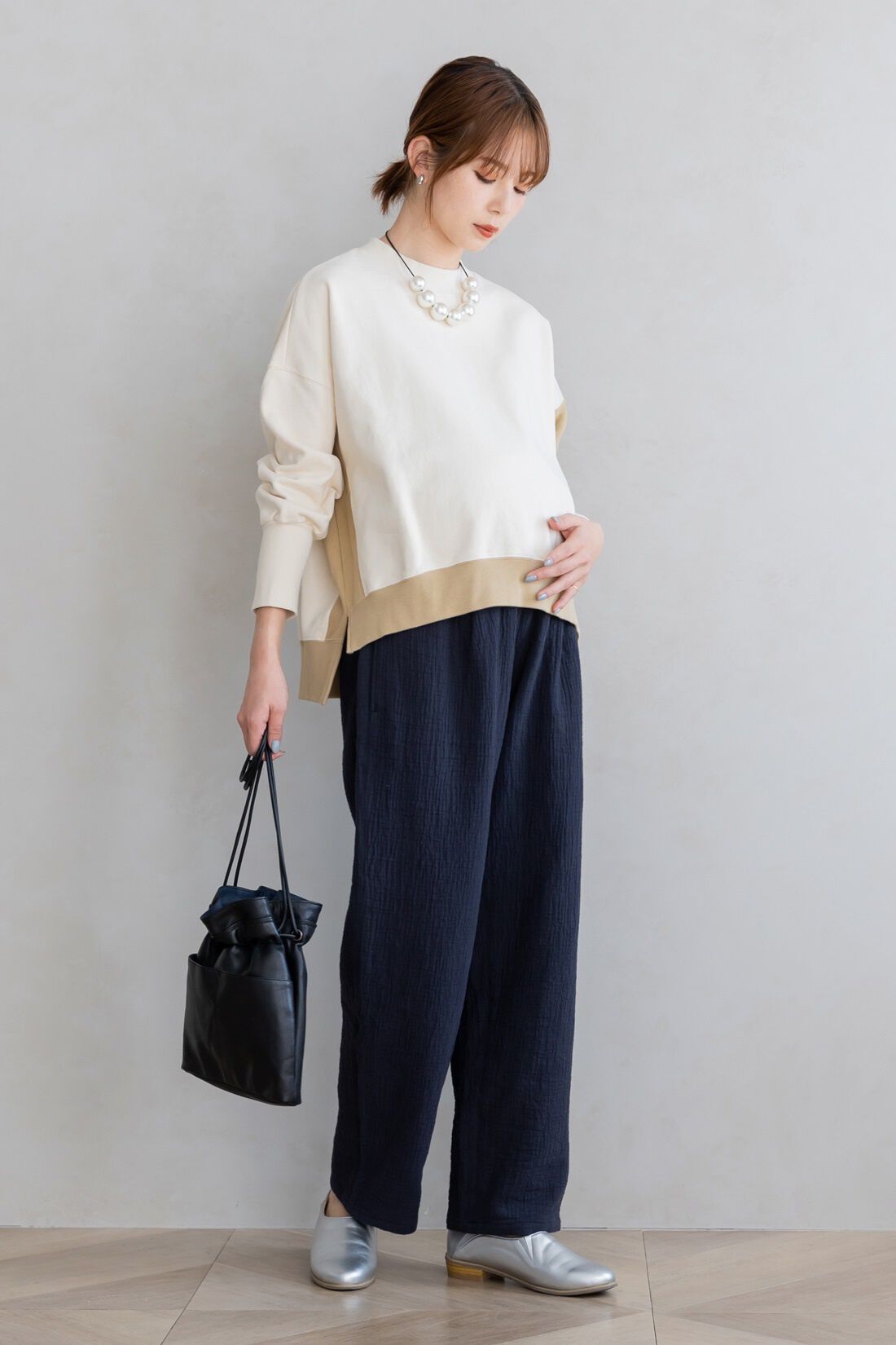 FELISSIMO Mama|Moredde　綿100％楊柳ダブルガーゼ素材が気持ちいい　産前産後楽しめるワイドパンツ〈ブラック〉
