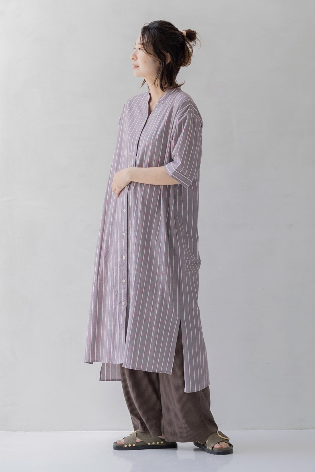 FELISSIMO Mama|Moredde　マタニティ・産後使える　ウエストクロス仕様の涼やか素材リブワイドレギンス〈ブラウン〉
