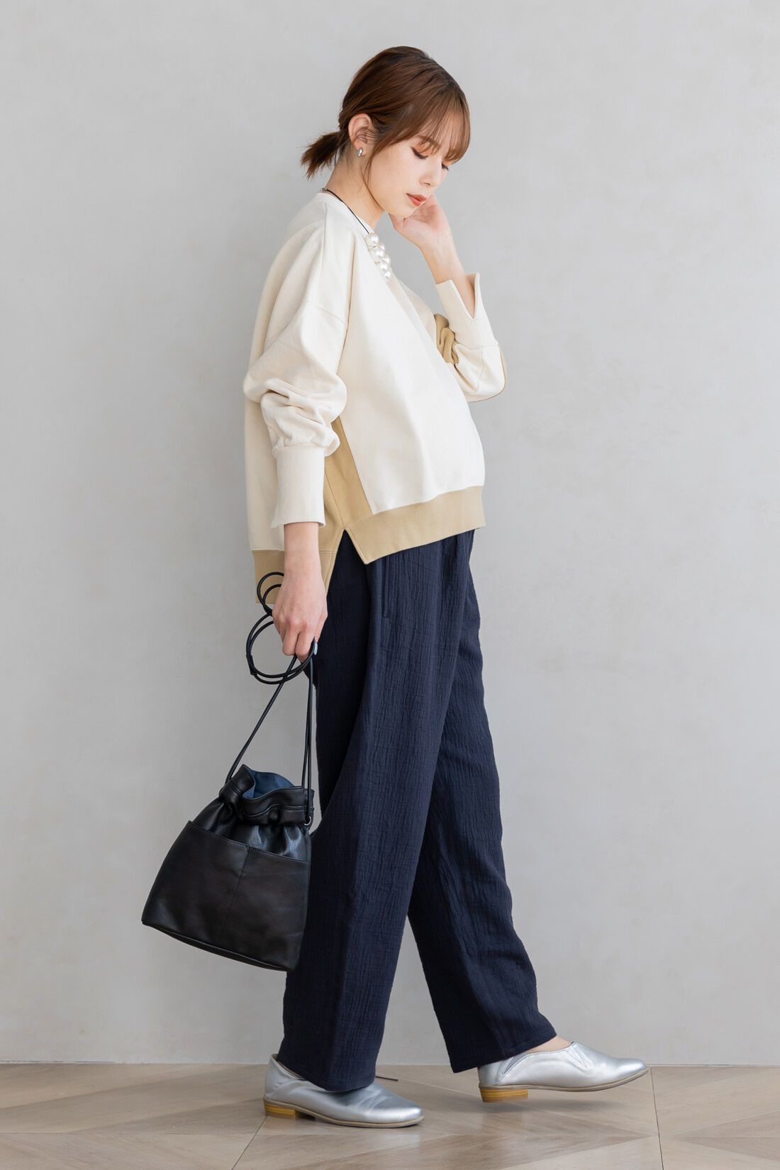 FELISSIMO Mama|Moredde　綿100％楊柳ダブルガーゼ素材が気持ちいい　産前産後楽しめるワイドパンツ〈ブラック〉