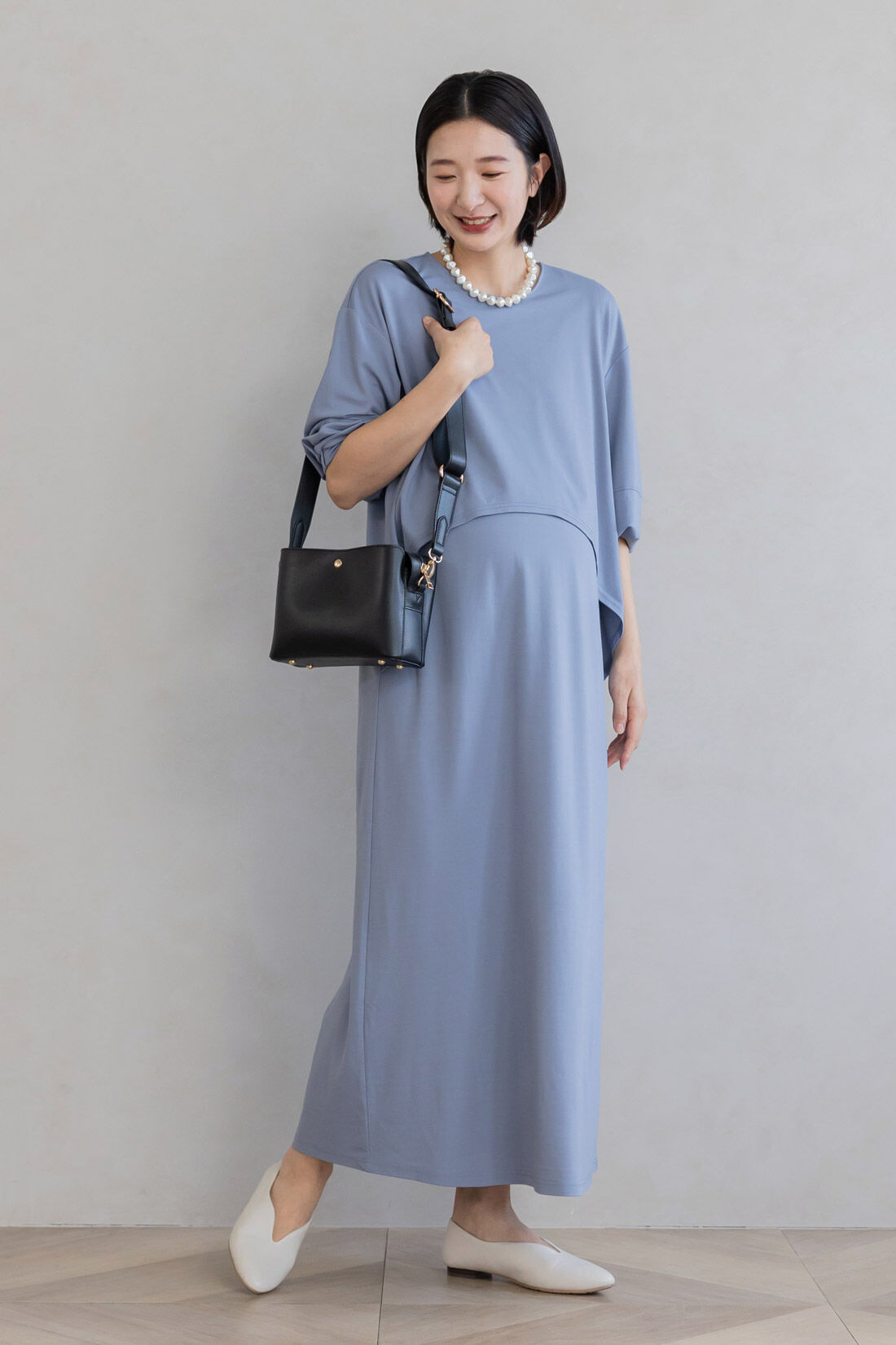FELISSIMO Mama|Moredde　フォーマルシーンでも使える　授乳がかんたん　しなやかカットソーのデザインワンピース〈グレイッシュブルー〉