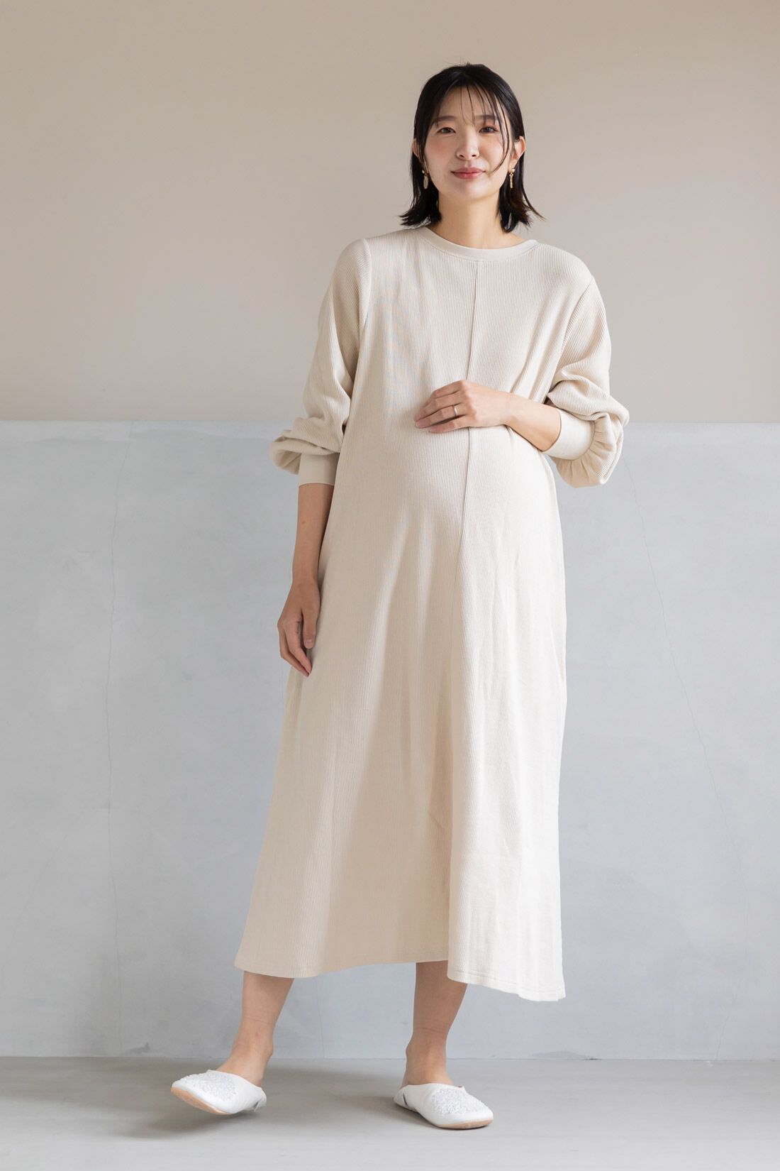 FELISSIMO Mama|Moredde　マタニティから産後も使える　２－WAYワッフル素材ワンピース〈ベージュ〉